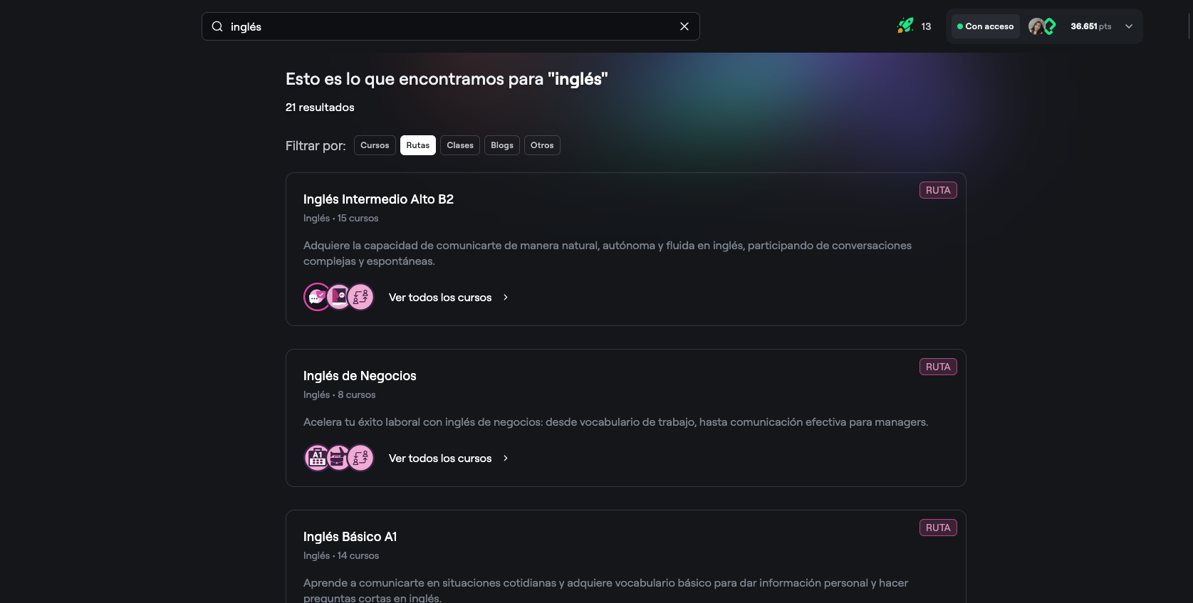 Search results interface